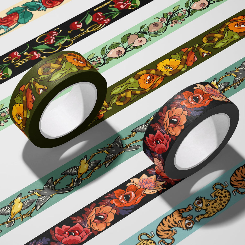 A stack of colorful washi tapes, with illustrations by useless treasures.