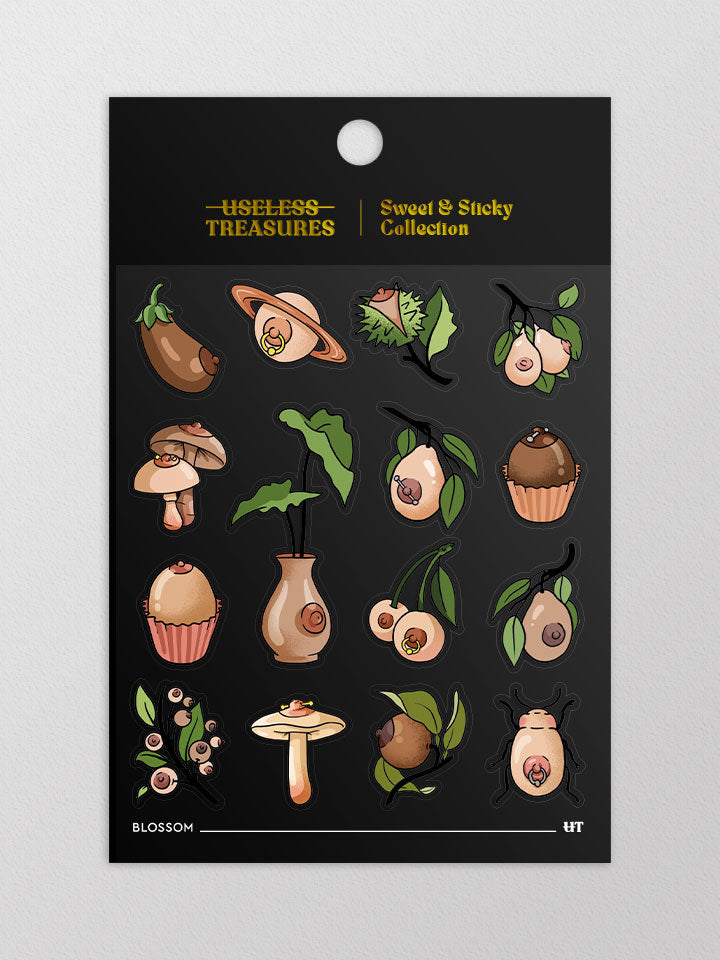 Packaged in black and gold paper Original art sticker sheet, semi-transparent material. collection of surreal illustrations of boobs by useless treasures. 