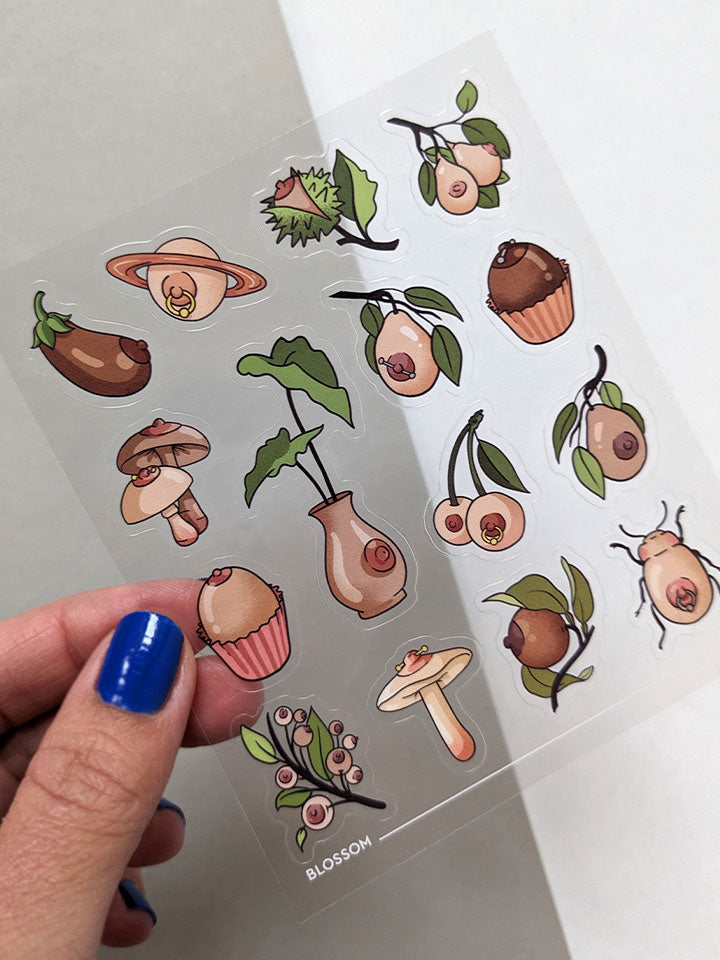 Original art sticker sheet, semi-transparent material. collection of surreal illustrations of different boobs by useless treasures. 