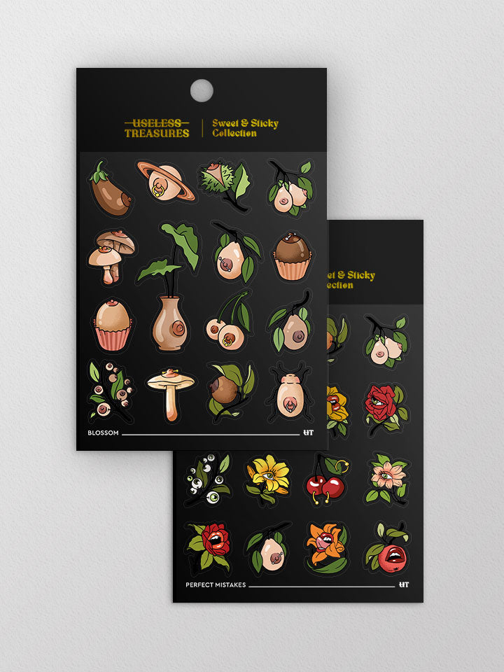 A bundle of two original art sticker sheets designed by useless treasures. black and gold packaging.