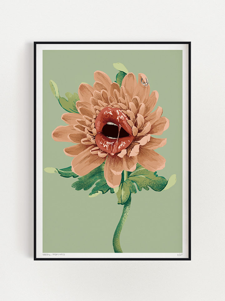 An illustration of a flower with a mouth and sexy red lips with saliva in between the lips on top of the green background  - Art by useless treasures. 