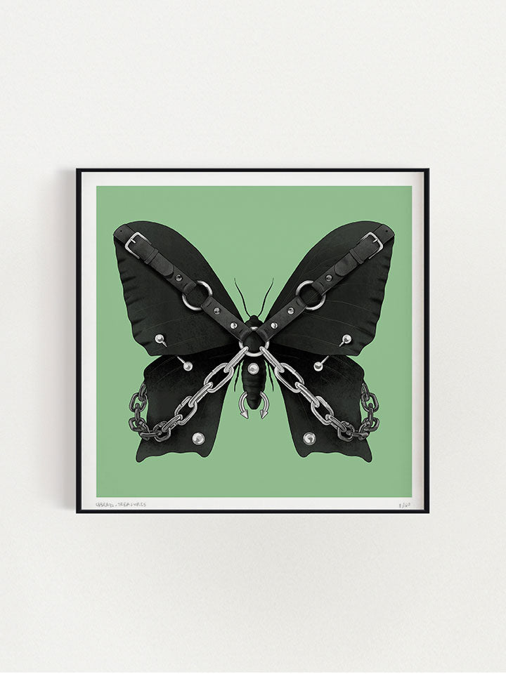 Black butterfly Illustration with hardness and chains on top of green background - Art by useless treasures