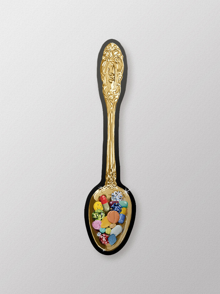 A ​golden mirror extra-large sticker​ of​ gold teaspoon with pills of drugs MDMA and diamonds - ​Art by useless treasures