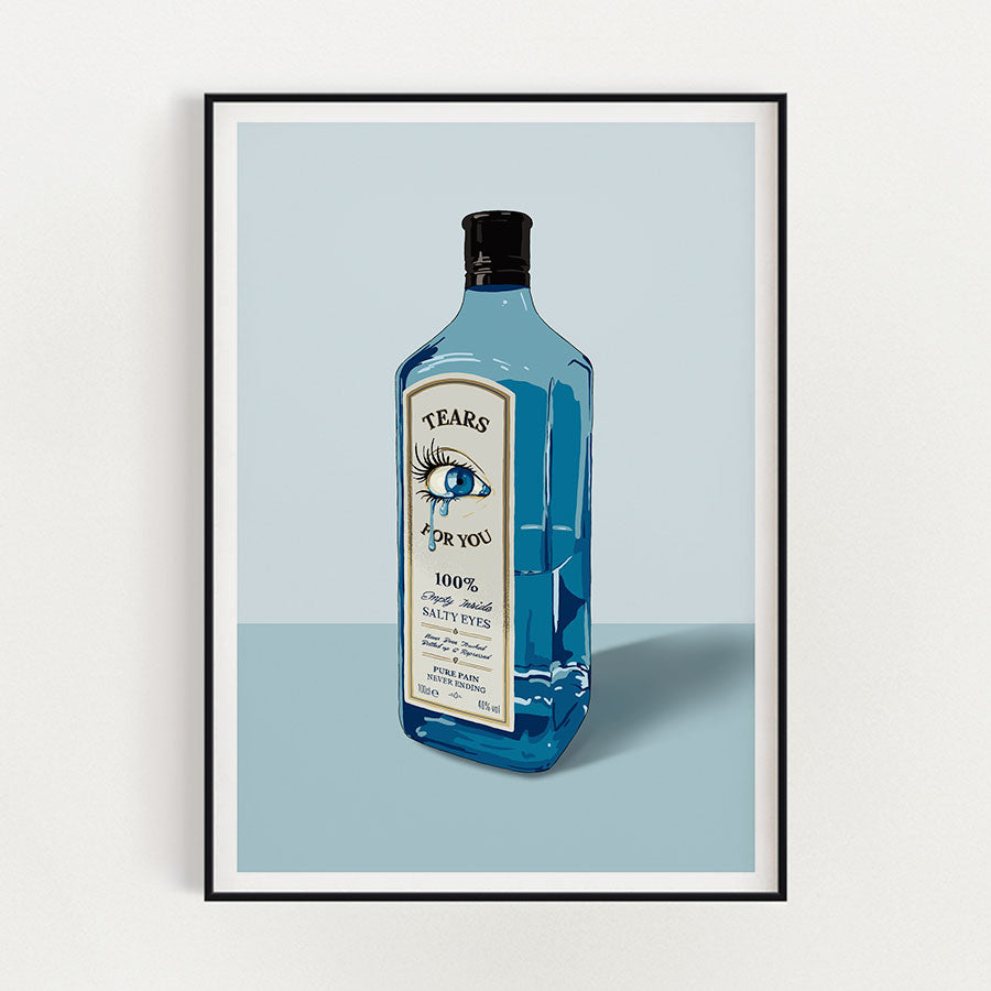 An illustration of a Gin tonic bottle reminds Bombay sapphire bottle. On the label of the bottle, written Teras for you and illustrations of a blue eye with a tear in the middle- Art by useless treasures 