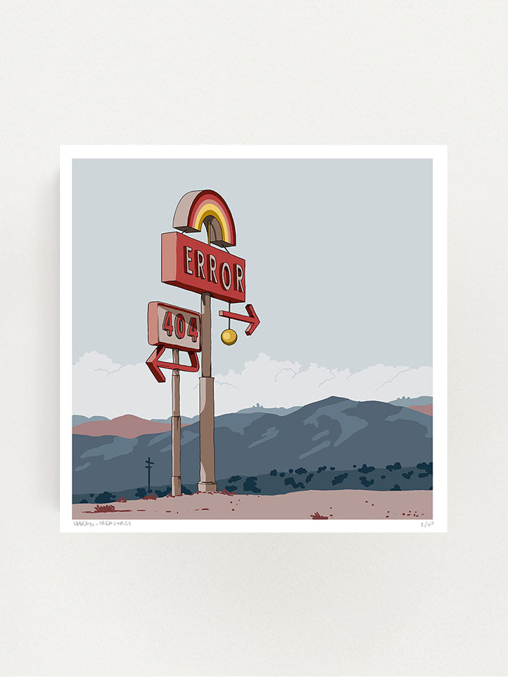 An illustration of two road advertising signs written on one "Error" with a rainbow above it and on the other "404."   on the background, there are mountains and  white clouds- Art by useless treasures  