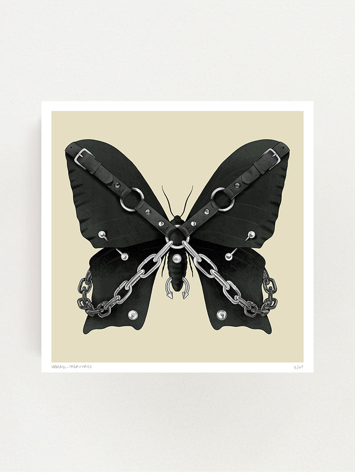 Black butterfly Illustration with hardness and chains on top of beige background - Art by useless treasures