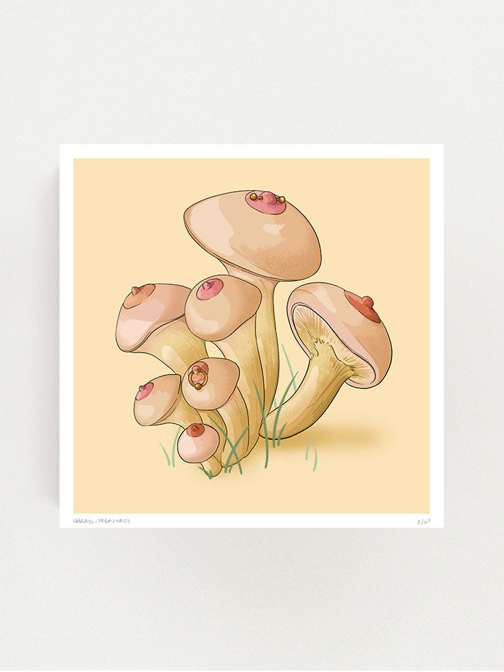 Springs - Print wall art painting by Berlin-based artist Useless Treasures. Vintage-inspired botanical illustration of a group of mushrooms with nipples and nipple piercings. 