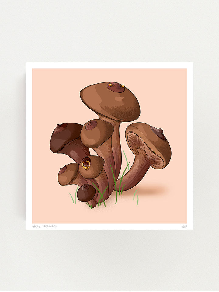 Springs - Print wall art painting by Berlin-based artist Useless Treasures. Vintage-inspired botanical illustration of a group of mushrooms with nipples and nipple piercings. 