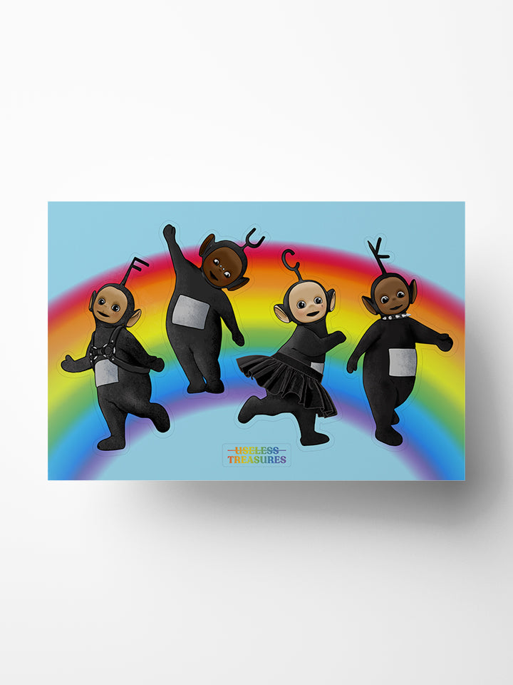 Shiny Vinyl- A6 sticker pack with an illustration of four   a  dress in black with black harness and wearing a hat with a letter that together says "FUCK" on top of rainbow color - Art by Useless Treasures 